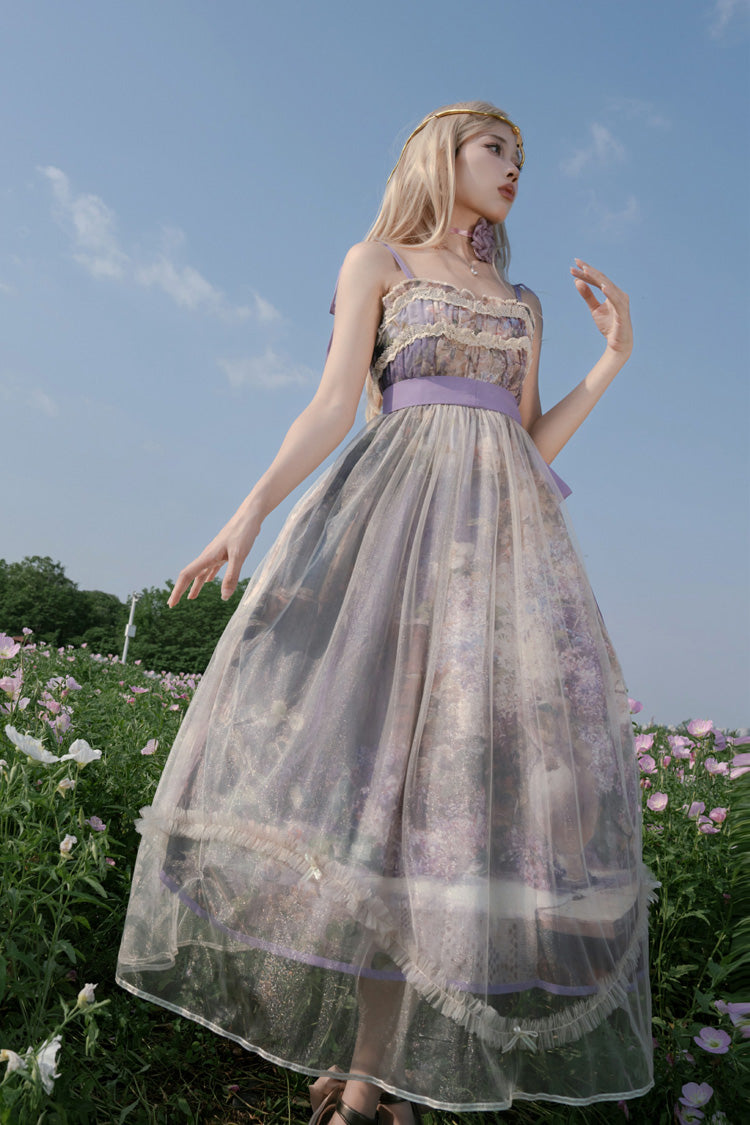 Purple [Oil Painting – In the Shade of Blossoming Trees] Sleeveless Print Ruffle Bowknot Lace Sweet Lolita Jsk Dress - Product - 8