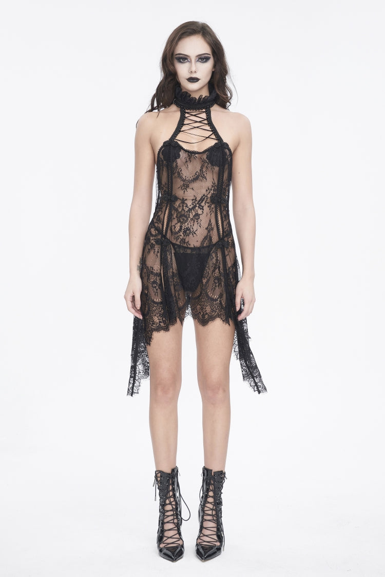 Black Lace Lace-Up Sheer Pearl-Decorated Pleated Women's Gothic Lingerie - Product - 2