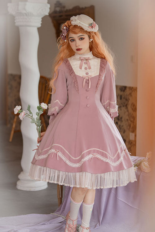 Alice Girl Andrea Solid Bowknot Long Sleeves Ruffled Sweet Lolita OP Dress 3 Colors - Product - 2
