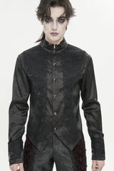 Black Stand Collar Long Sleeves Jacquard Embroidered Bow Lace Men's Gothic Palace Shirt - Product - 3