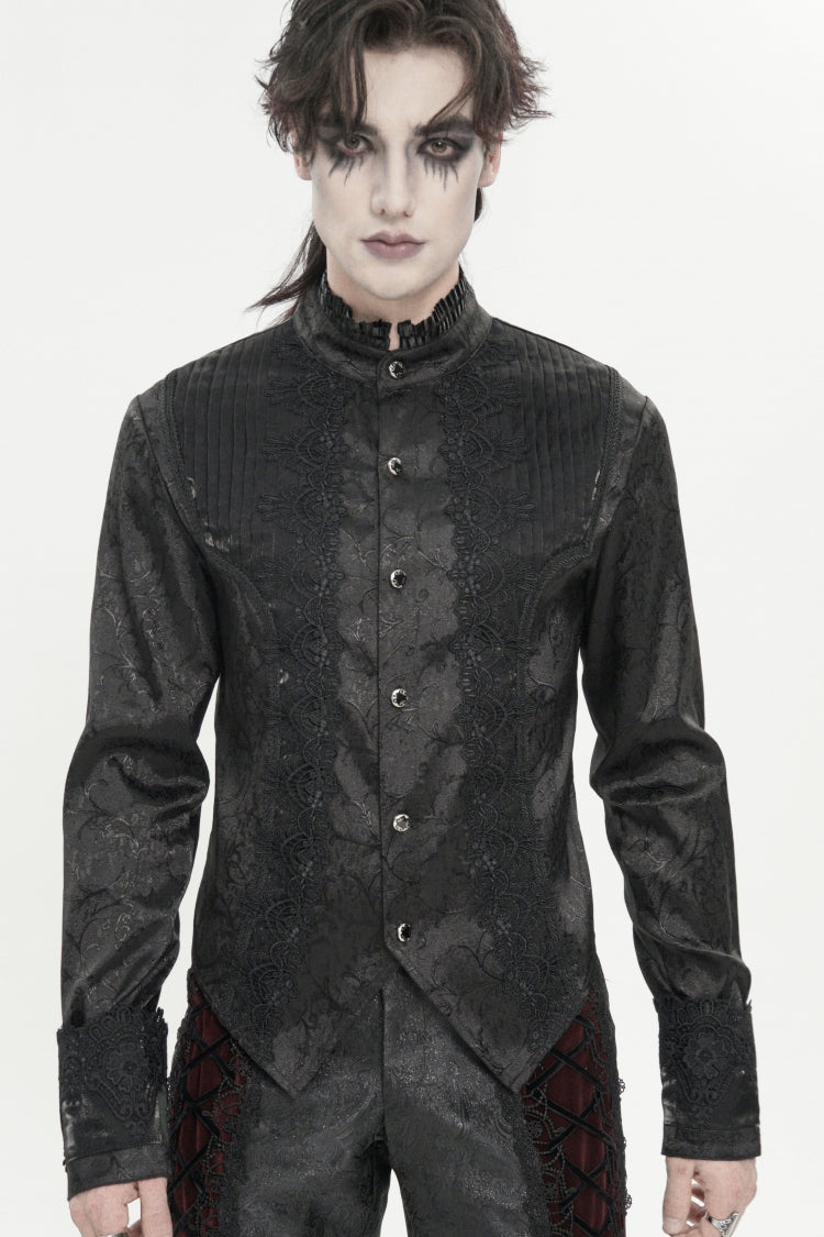 Black Stand Collar Long Sleeves Jacquard Embroidered Bow Lace Men's Gothic Palace Shirt - Product - 3
