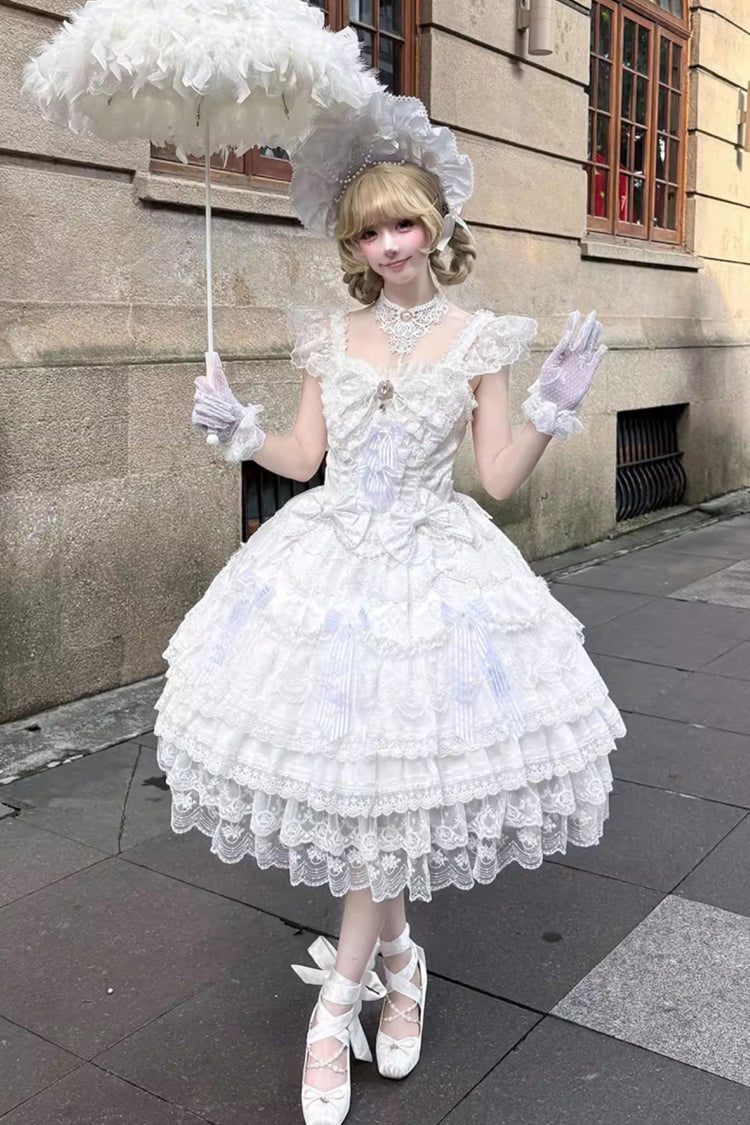 White [Moonlit Sakura Ode] Sleeveless Multi-Layered Ruffled Bow Lace Sweet Lolita Dress - Product - 6