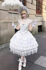 White [Moonlit Sakura Ode] Sleeveless Multi-Layered Ruffled Bow Lace Sweet Lolita Dress - Product - 6