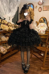 Black [Ballad of Feathers] Sleeveless Multi-Layered Ruffle Hanayome Bowknot Gothic Lolita Jsk Dress - Product - 6
