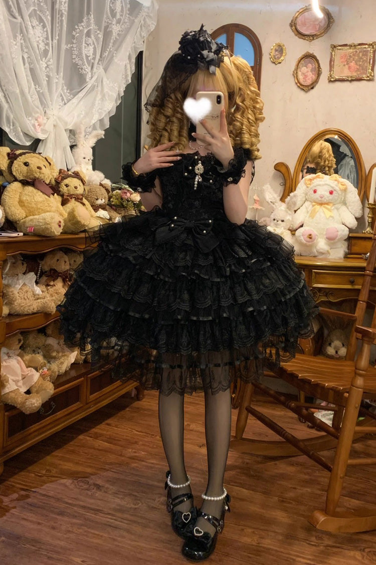 Black [Ballad of Feathers] Sleeveless Multi-Layered Ruffle Hanayome Bowknot Gothic Lolita Jsk Dress - Product - 6