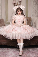 Pink [Candy Flavor] Round Collar Short Sleeves Ruffled Bow Lace Sweet Gorgeous Lolita OP Dress - Product - 4