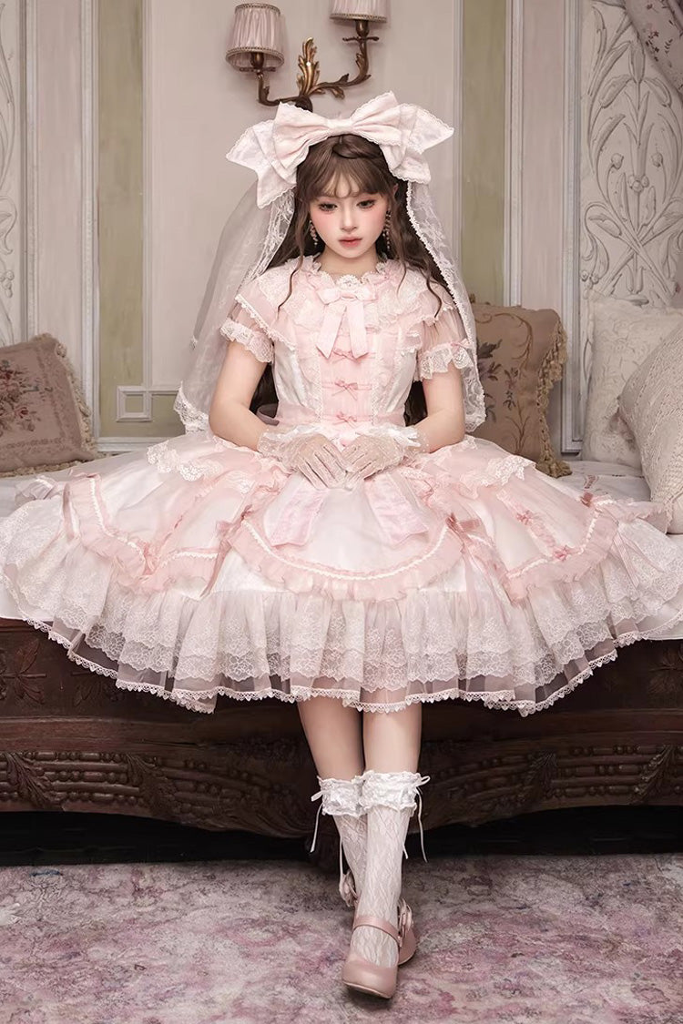 Pink [Candy Flavor] Round Collar Short Sleeves Ruffled Bow Lace Sweet Gorgeous Lolita OP Dress - Product - 4