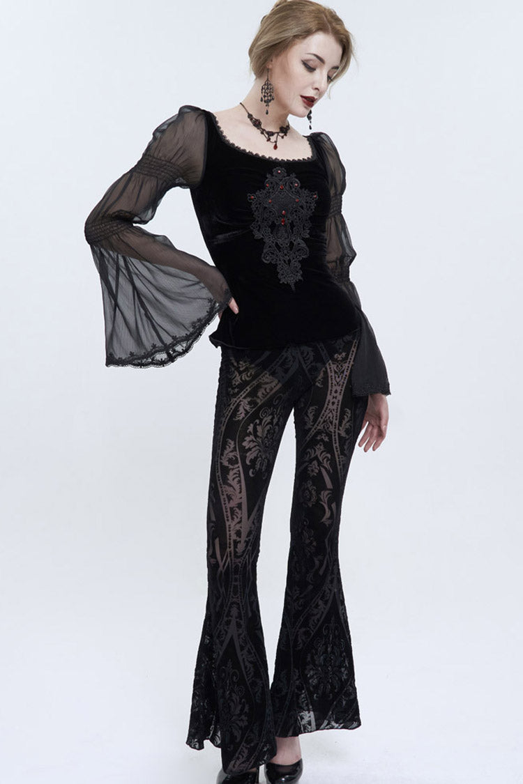 Black Flocked Printed Fabric Elastic Jacquard Elastic at Waist Flared Women's Punk Pants - Product - 5