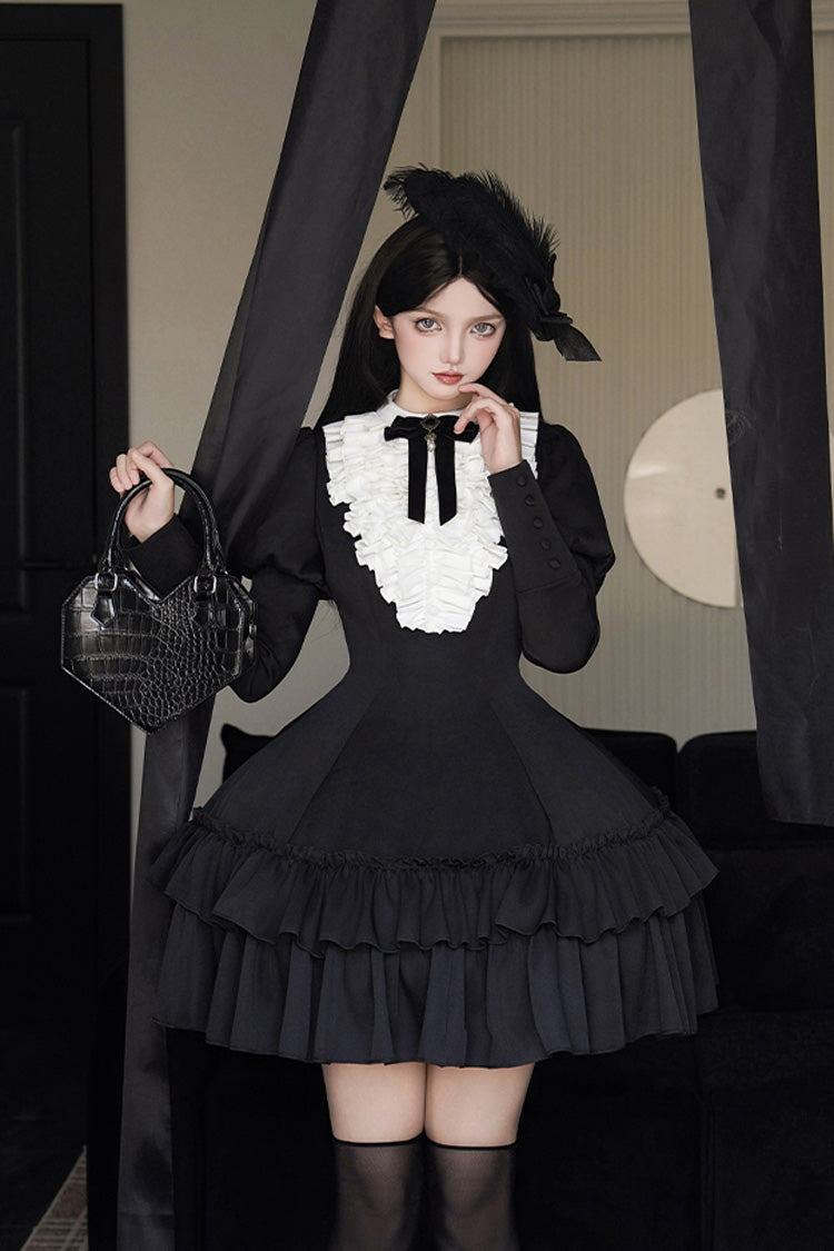 Black [Miss Weir] Stand Collar Long Sleeves Double-Layered Ruffle Gothic Lolita Dress - Product - 4