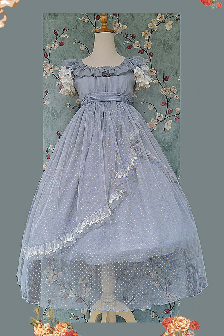 Sax Blue [Moon goddess *Mediana*] Polka Dot Print Ruffle Bowknot Asymmetric Sweet Elegant Lolita Dress - Product - 4