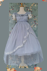 Sax Blue [Moon goddess *Mediana*] Polka Dot Print Ruffle Bowknot Asymmetric Sweet Elegant Lolita Dress - Product - 4