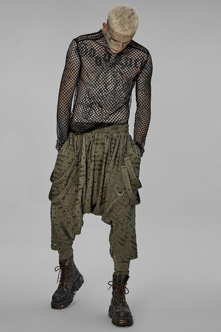 Green Ripped Men's Punk Sagging Pants with Straps - Product - 4