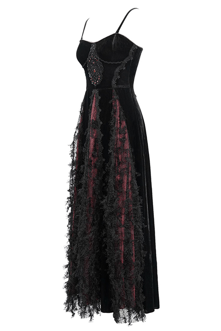 Red Front Chest Decals Dense Velvet Long Women's Gothic Sling Dress - Product - 9