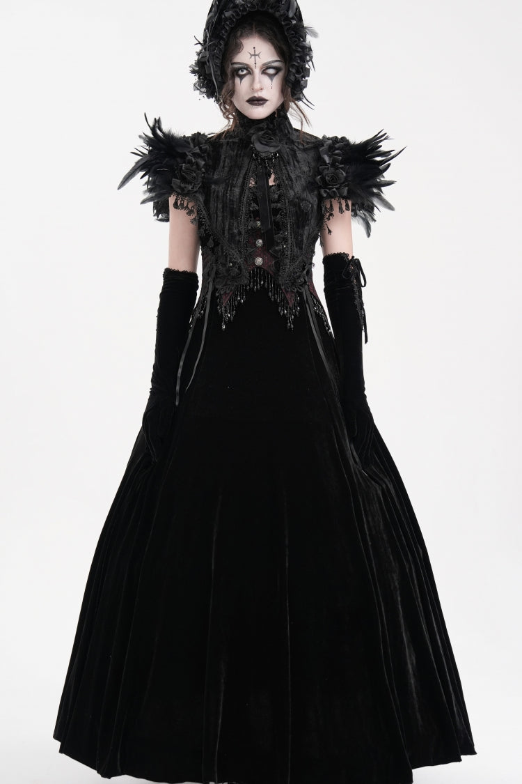 Black Stand Collar Lace Pleated Women's Gothic Tassels Feather Lace Cape - Product - 2