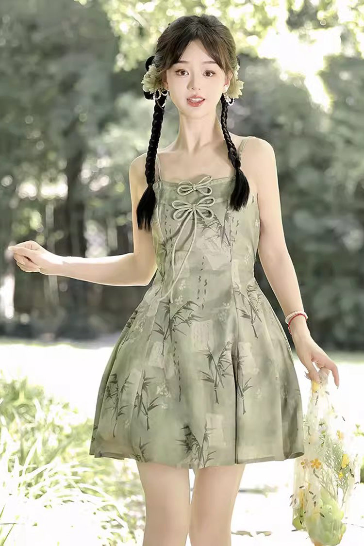 Green Bamboo Print Lace-Up Sweet Chinese Style Lolita Jsk Dress - Product - 5