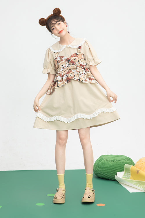 Beige Vintage Doll Collar Bear Print Fake Two Pieces Short Sleeves Sweet Lolita Dress - Product - 2