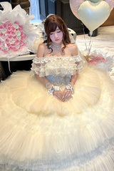 White [Maiden’s Love] Off Shoulder Triple-Layered Ruffled Hanayome Bow Lace Sweet Princess Lolita Dress - Product - 2