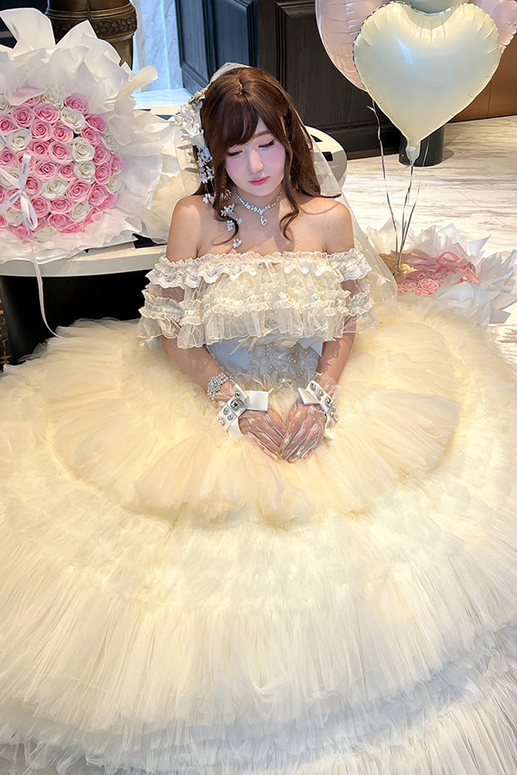 White [Maiden’s Love] Off Shoulder Triple-Layered Ruffled Hanayome Bow Lace Sweet Princess Lolita Dress - Product - 2