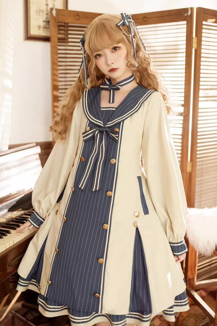 ブルー／アプリコット ネイビー 襟 長袖 プリント フリル リボン スウィート 大きいサイズ ロリータワンピース 商品画像