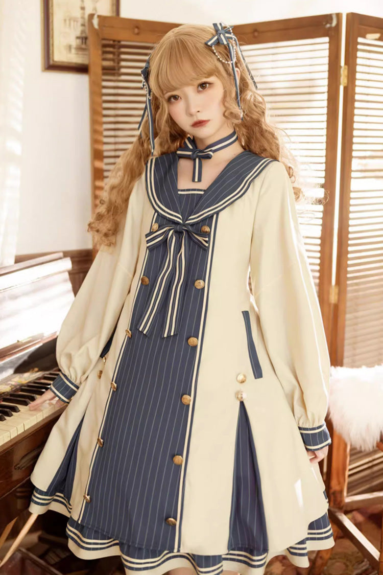 Blue/Apricot Navy Collar Long Sleeves Print Ruffle Bowknot Sweet Plus Size Lolita Dress - Product - 3
