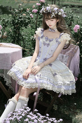 [Wind Chime Poem] Square Collar Flutter Sleeves Triple-Layered Printed Ruffled Bow Sweet Lolita Jsk Dress 4 Colors (Blue, Pink, Purple, Green) - Product - 5