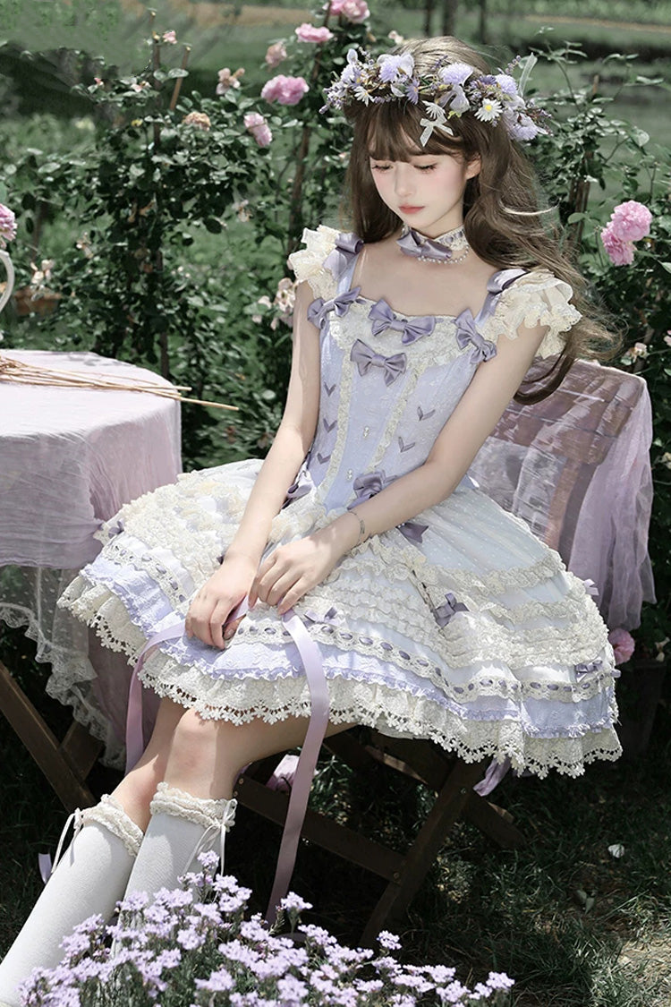 [Wind Chime Poem] Square Collar Flutter Sleeves Triple-Layered Printed Ruffled Bow Sweet Lolita Jsk Dress 4 Colors (Blue, Pink, Purple, Green) - Product - 5