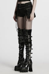 Black Lace-Up Women's Punk Denim Shorts with Detachable Pocket - Product - 2