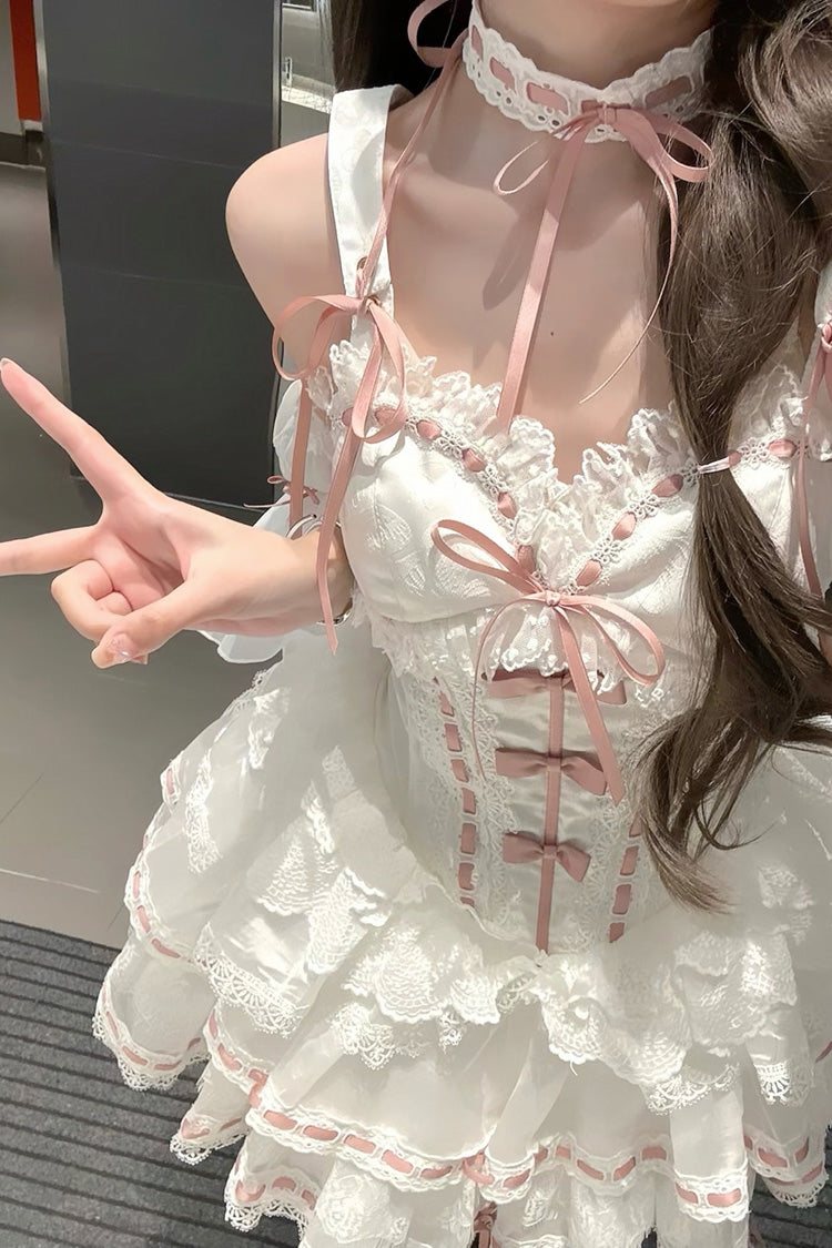 White [Little Love Song] Detachable Trumpet Sleeves Ruffle Bowknot Lace Sweet Lolita Top Skirt Set - Product - 7