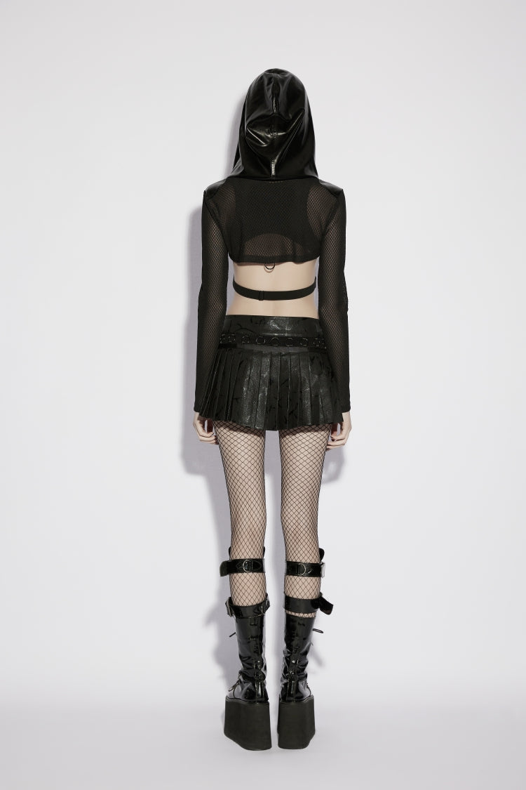 Black Hooded Sheer Mesh Eyelet Women's Punk Handsome Cloak - Product - 2