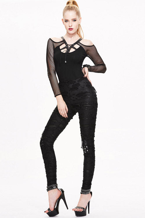 Black Leather Broken Holes Coated Knit Womens Pants - Product - 5