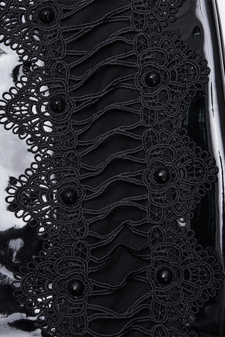 Black Spliced Lace Women's Gothic Lace Splice Faux Leather Skirt - Product - 3