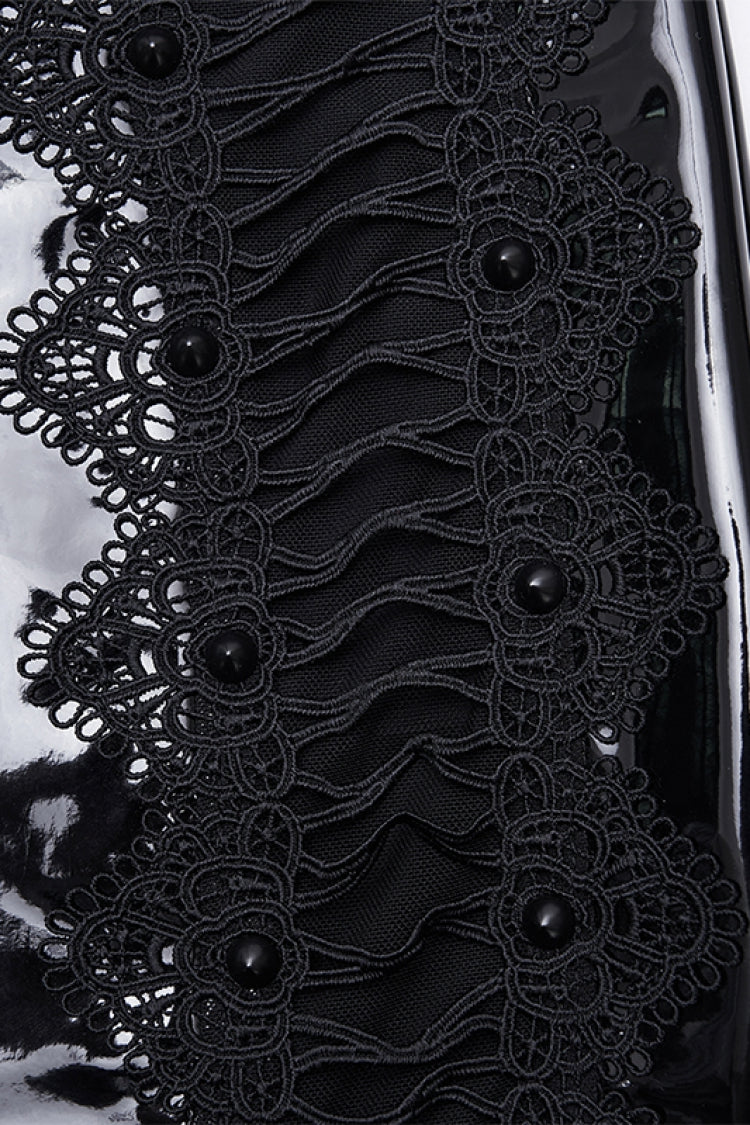 Black Spliced Lace Women's Gothic Lace Splice Faux Leather Skirt - Product - 3
