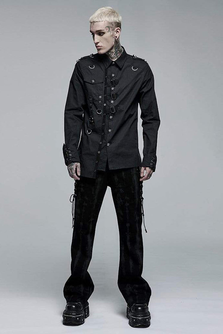 Black Punk Asymmetric Hem Personality Metal Buckle Decorative Soft Long Sleeve Men's Shirt - Product - 4