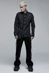 Black Punk Asymmetric Hem Personality Metal Buckle Decorative Soft Long Sleeve Men's Shirt - Product - 4