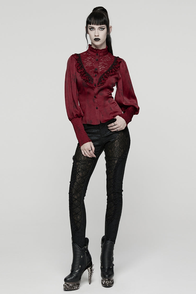 Red Stand Collar Long Puff Sleeves Ruffle Stitching Lace Women's Gothic Blouse - Product - 4