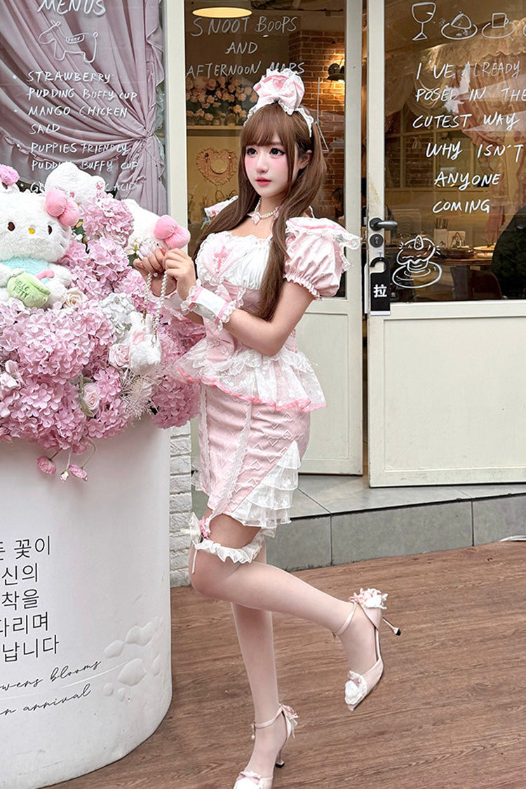 Pink [Little Nurse] Square Collar Short Sleeves Jacquard Ruffled Embroidered Bow Lace Chinese Style Sweet Lolita Skirt Set - Product - 5