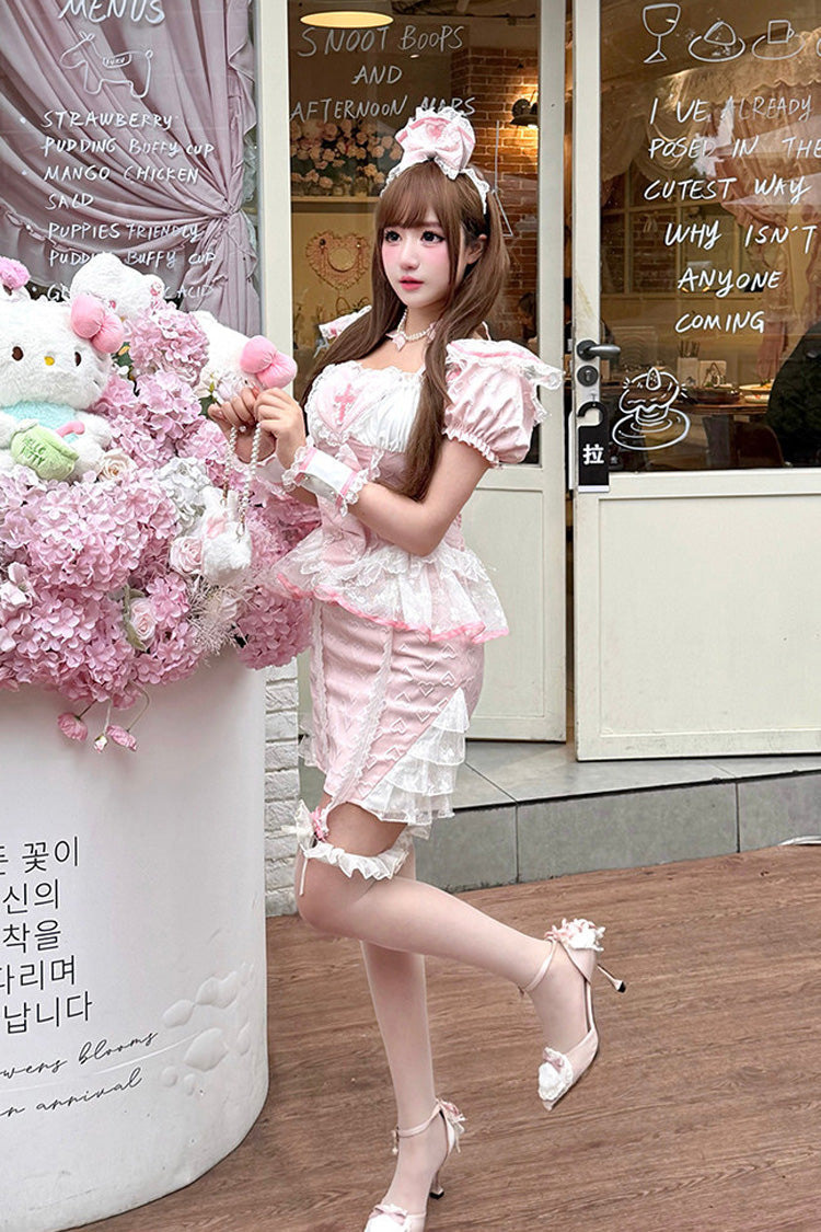 Pink [Little Nurse] Square Collar Short Sleeves Jacquard Ruffled Embroidered Bow Lace Chinese Style Sweet Lolita Skirt Set - Product - 5