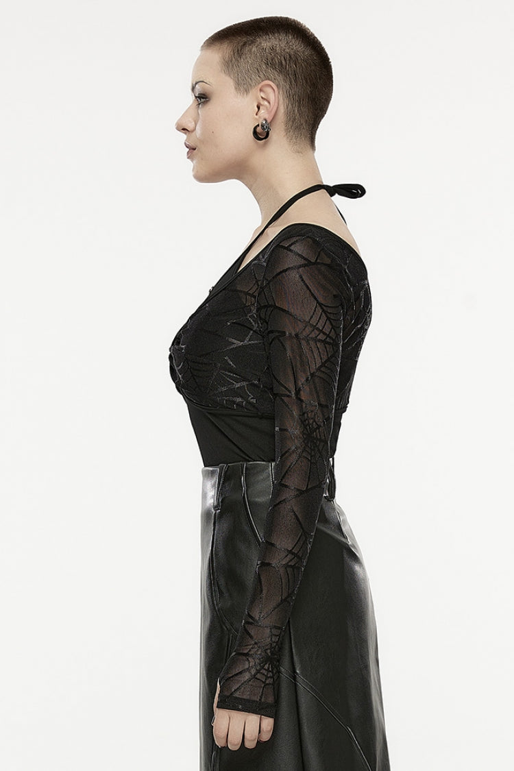 Black Spider Web Print Hollow Halter Neck Women's Punk Two-Piece Set (T-Shirt and Vest) - Product - 2