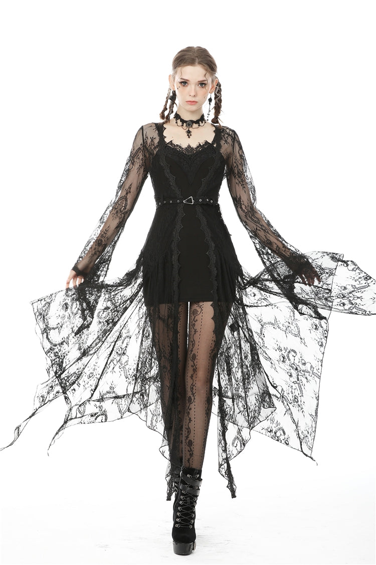 Black Long Trumpet Sleeves Sheer Floral Lace Women's Gothic Maxi Cloak with Belts - Black - 1