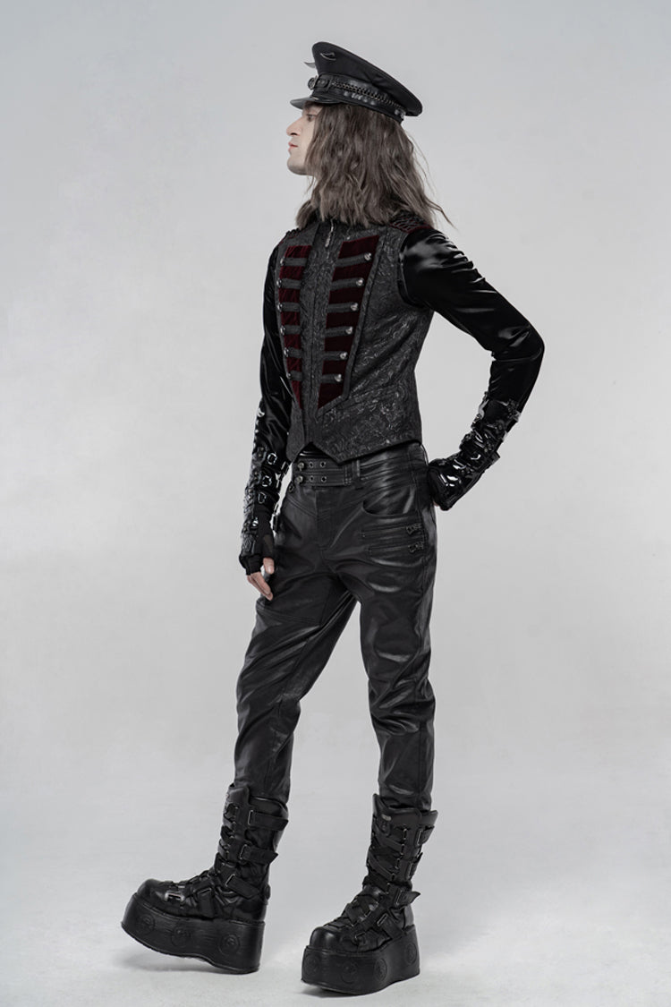 Black Jacquard Velvet Splice Weft Stand Up Collar Front Chest Breasted Decoration Men's Gothic Vest - Product - 2