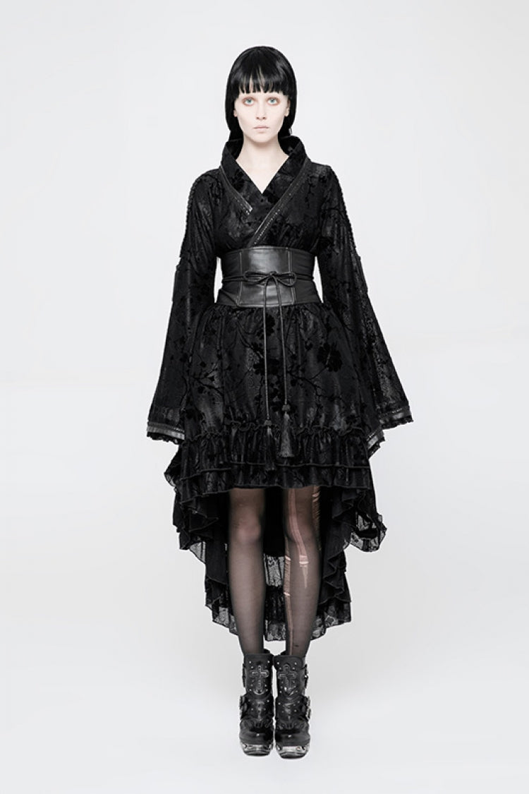 Black Long Sleeves Print Ruffle Women's Gothic Kimono Dress - Black - 1