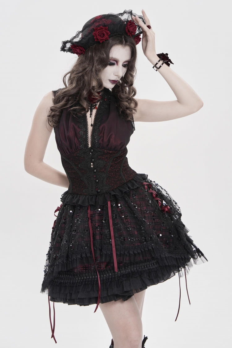 Black/Red Multi-Layered Lace Lace-Up Women's Gothic Skirt - Product - 2