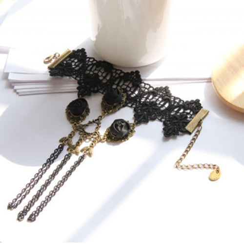 Black Retro Fashion Rose Flower Lace Tassel Female Gothic Lolita Ring Bracelet - Product - 6