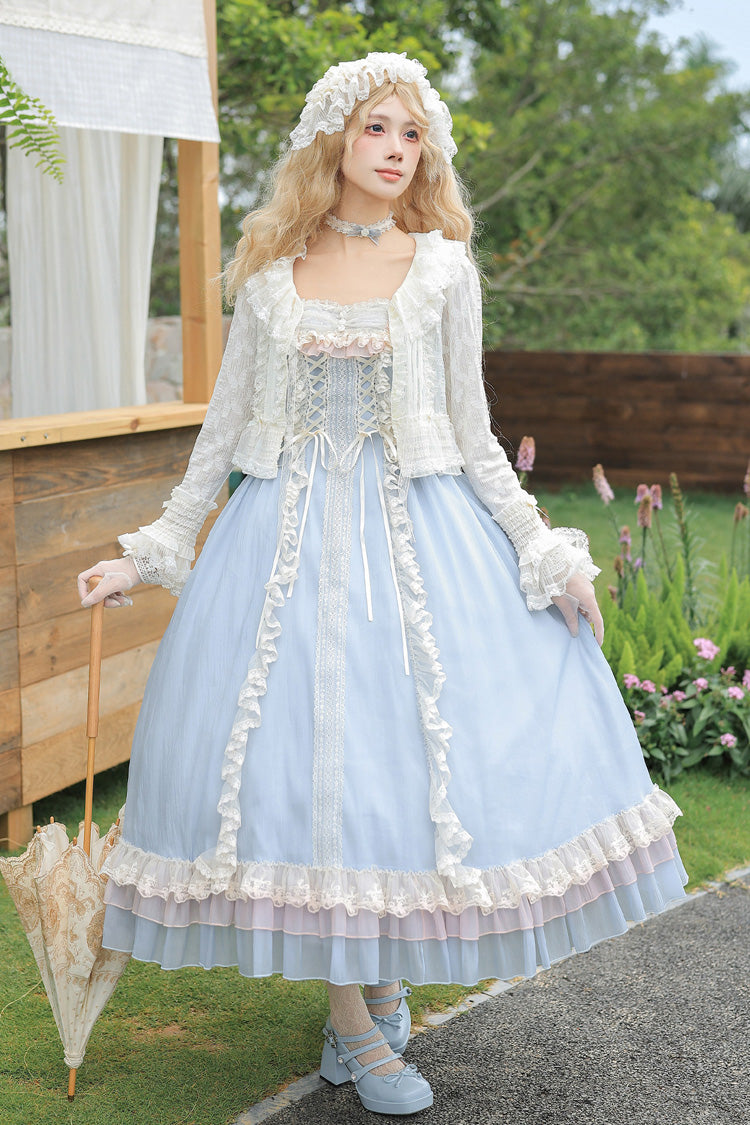 Blue [Island Diary] Square Collar Flutter Sleeves Triple-Layered Ruffled Lace-Up Sweet Lolita Jsk Dress 2 Versions - Product - 17