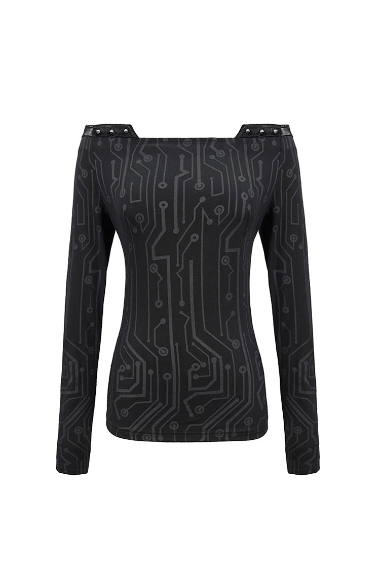 Black Printed Circuit Board Pattern Off-Shoulder Leather Strip Rivet Tight Women's Punk T-Shirt - Product - 6