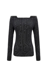 Black Printed Circuit Board Pattern Off-Shoulder Leather Strip Rivet Tight Women's Punk T-Shirt - Product - 6