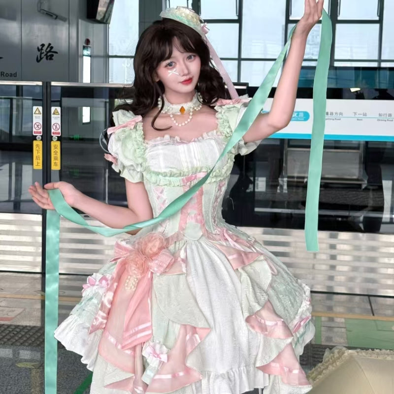 [Spring Overture] Square Collar Short Sleeves Ruffle Cardigan Bowknot Lace Sweet Elegant Lolita Skirt Set 4 Colors - Product - 14