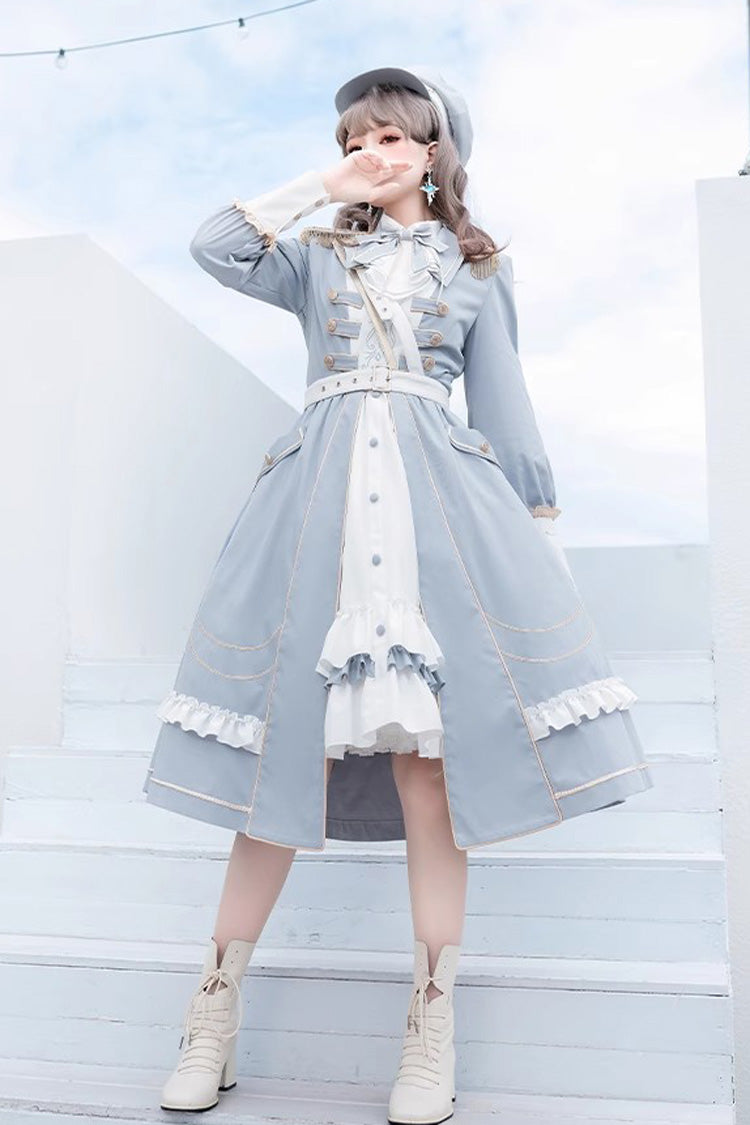 White/Blue Star Ocean Fantasy Cardigan Bowknot Stitching Sweet Military Lolita Dress - Product - 6