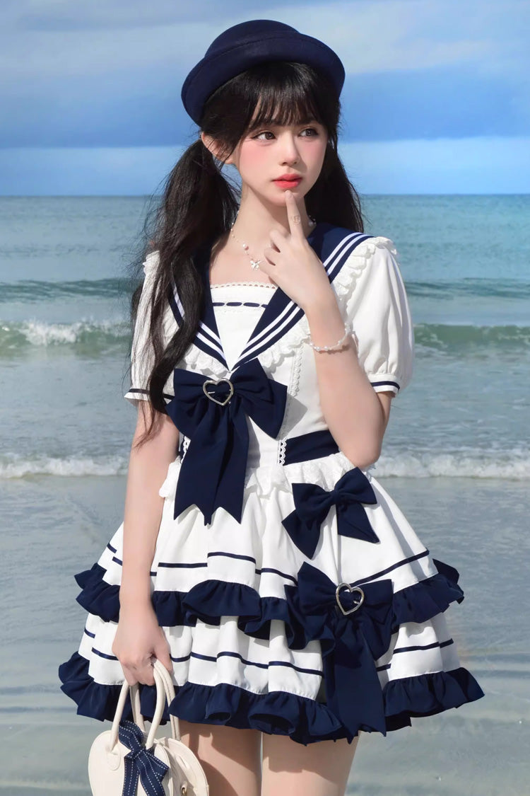 Dark Blue Navy Style Short Sleeves Double Layer Ruffle Bowknot Lace Sweet Lolita Dress - Product - 2