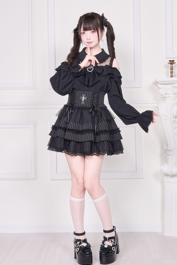 Jirai Kei Off Shoulder Long Sleeves Print Bowknot Lace-Up Sweet Japanese Blouse 3 Colors - Product - 13